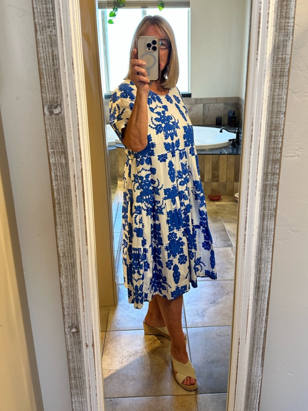 Blue and White Floral Tiered Cotton Midi Dress